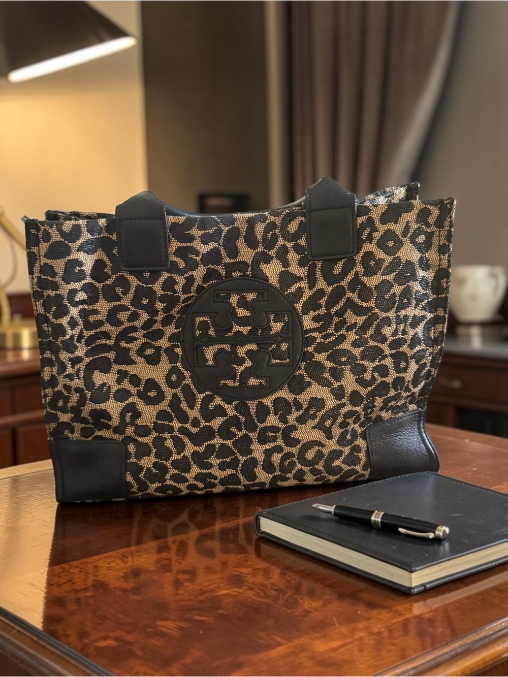 Tory Burch Leopard Print Canvas Tote with Black Leather Trim